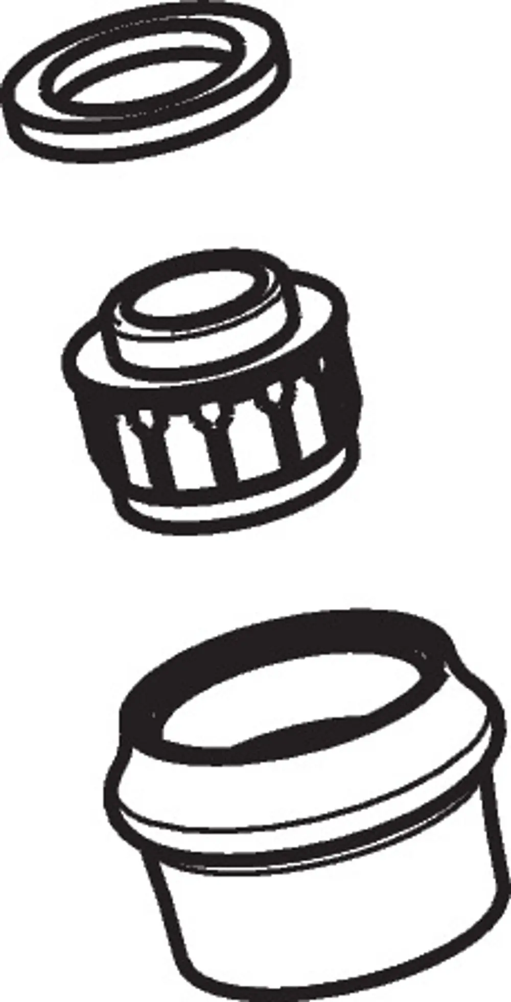 Drei Teile eines Wasseranschlusses von AXOR, darunter ein zylindrisches Element mit Löchern und zwei Dichtungsringen, schematisch dargestellt.